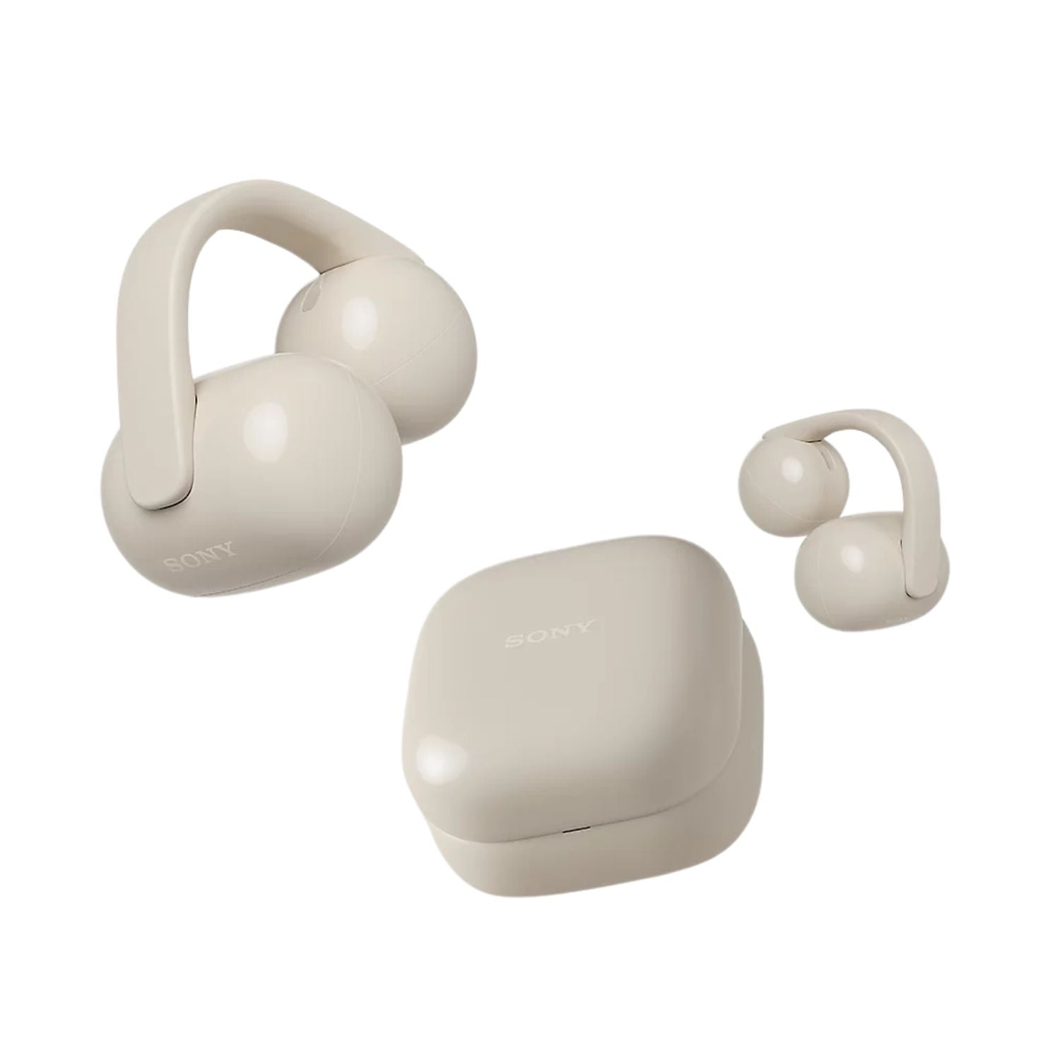 Greige open-ear true wireless earbuds with charging case and two ear clips